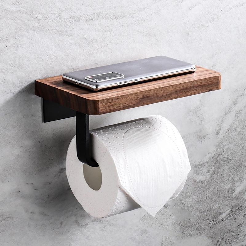 Creative Walnut Wood Toilet Paper Holder No Drill Bathroom Tissue Box with Phone Shelf