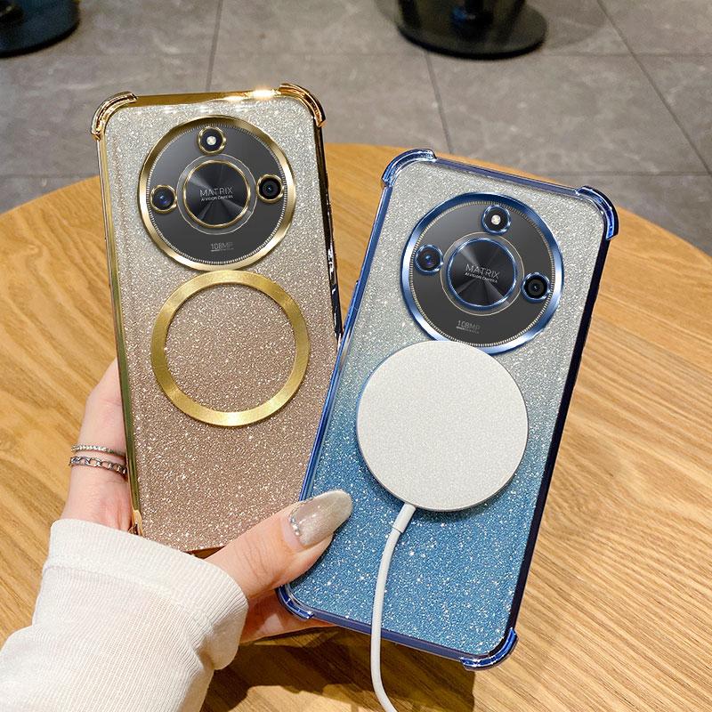 Ударопрочный прозрачный магнитный чехол для телефона с кольцом для Honor Magic 4 5 6 Lite X9 X9A X9B 5G 50SE 50 60 70 80 90 100 200 Pro Glitter Cover