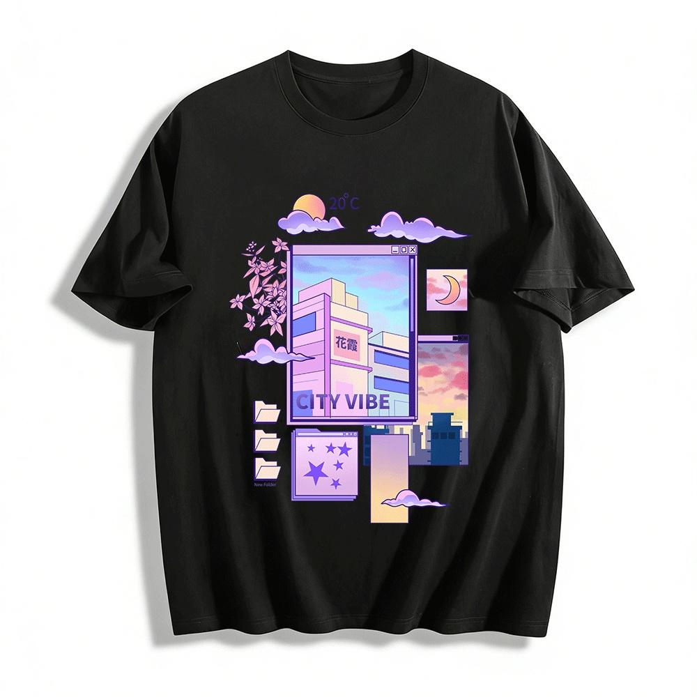 Городская атмосфера Ретро-эстетика Городской пейзаж Графический принт Повседневная футболка Футболка из чистого хлопка