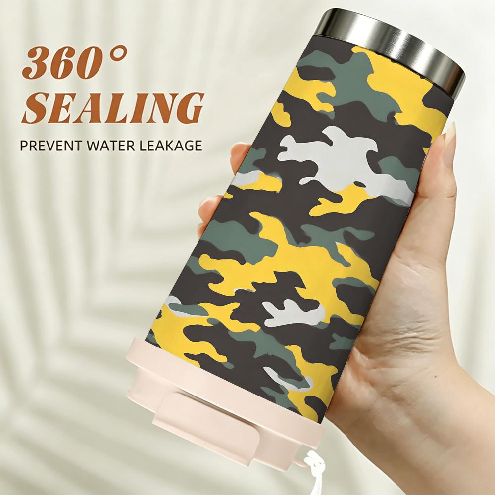 Stylish Yellow Camouflage Pattern Stainless Steel Insulated Coffee Tumbler Vacuum Travel Mug Leakproof Cup for Commuting Hiking Office