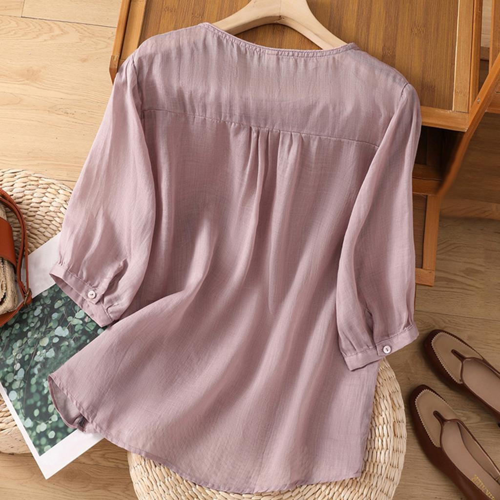 Women's Solid Color Cotton And Linen Short-sleeved Embroidered Retro Breathable T-shirt Round Neck Top