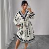 Foreign trade autumn and winter new dress large size fat mm printed bubble sleeve V-neck dress high waist and thin dress