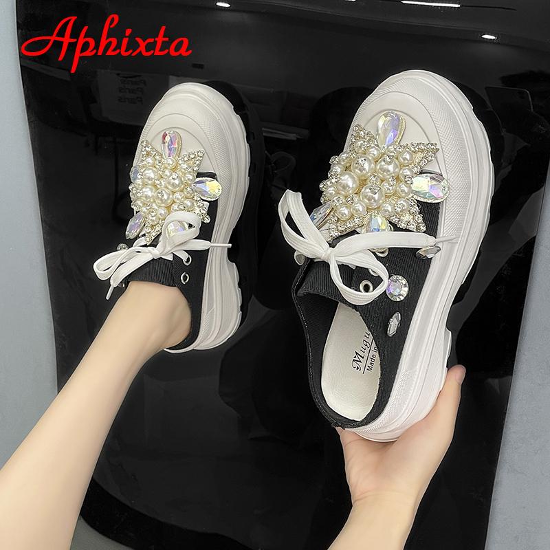 Aphixta Роскошные туфли на платформе с жемчугом, бриллиантами, цветами и стразами, женские туфли с кристаллами, женские туфли с клиновидной застежкой и бусинами