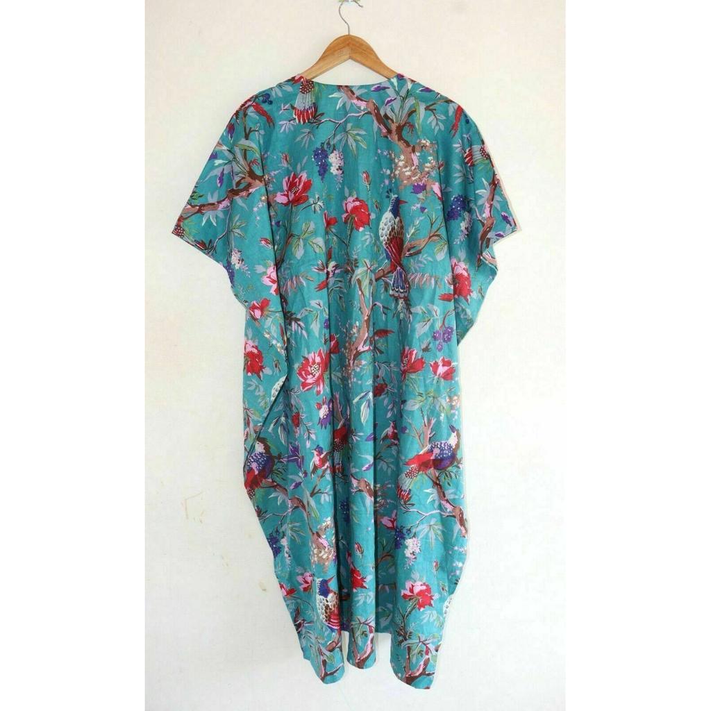 Индийское бирюзовое длинное хлопковое платье макси с принтом птицы в стиле бохо, ночное платье-кафтан CKFTN-SCRN-FULL-BUYIT-010