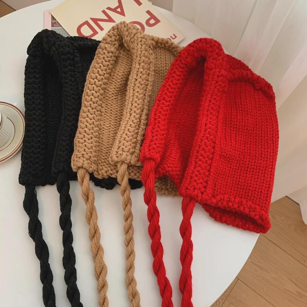 Женская красная вязаная шерстяная шапка-ушанка с завязкой - теплая, корейский стиль, осень/зима