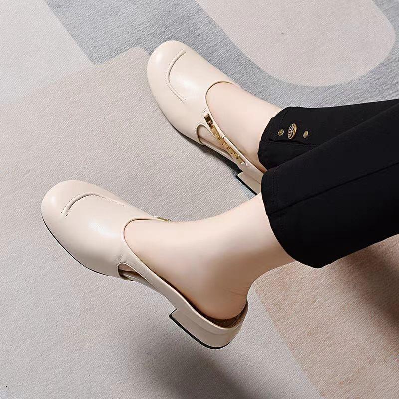 Мягкая кожаная сумка голова полутапочки женские 2025 лето новые 3 см толстый каблук нескользящие универсальные модные с круглым носком средний каблук тапочки