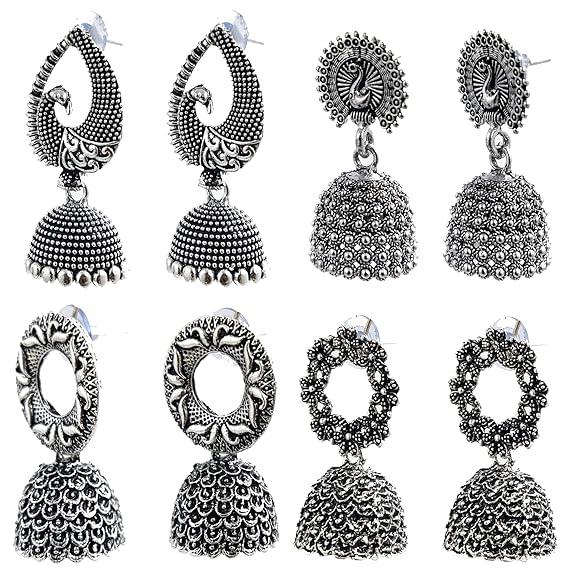 Модное новейшее традиционное окисленное серебро и антикварное золотое металлическое основание болтается и падает (КОМБО из 4) Серьги Джумки для женщин и девочек