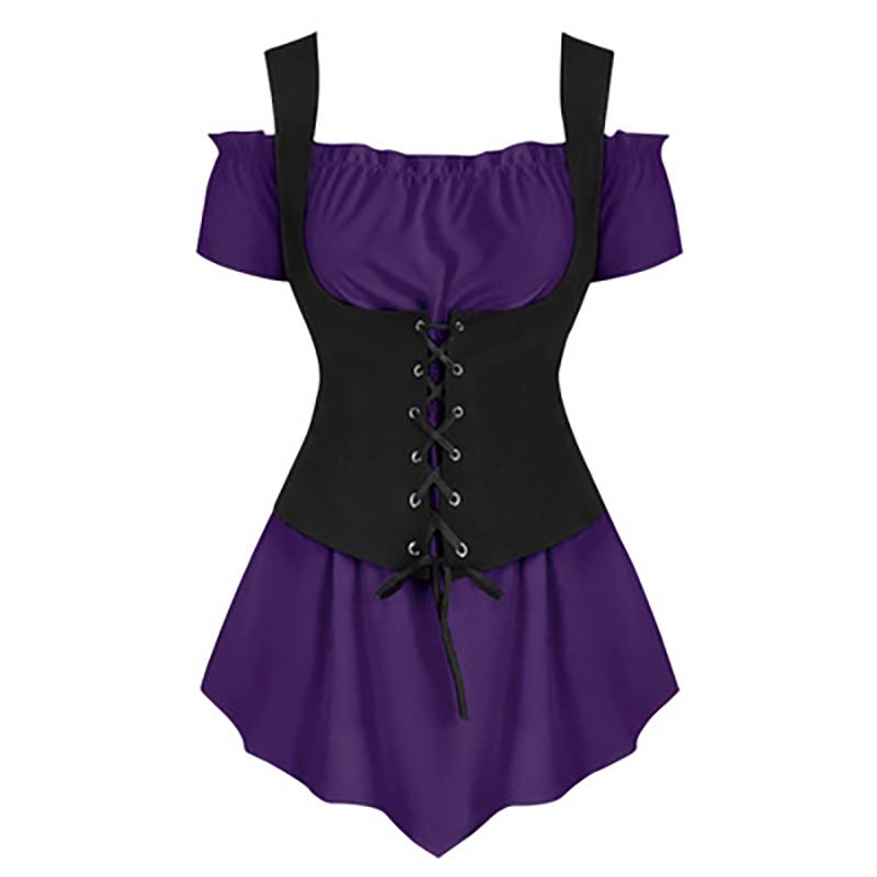 2025 Fashion Literature Retro Steampunk Boat Neck Shirt Lace-Up Vest Punk Style Two-Piece Set for Women