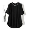 Thin Soft Comfortable Breathable! Fashion Woven Cotton Rhinestone Small Stand Collar Ribbon Pure Color Long Girlish Style Summer T-shirt Loose