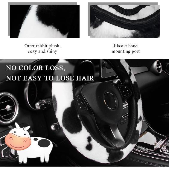 Cow Print Car Accessories Set, Soft Fluffy Plush Cute Cow Steering Wheel Cover & Handbrake Cover, Warm Furry Cow Print Armrest Mat & Shift Gear
