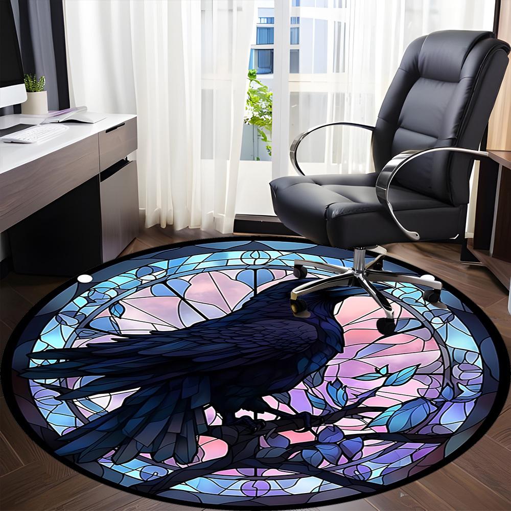 1PC Raven Artwork Office Round Rug, Non slip, Soft and Durable Office Rug for Interior Decoration, Perfect for Office
