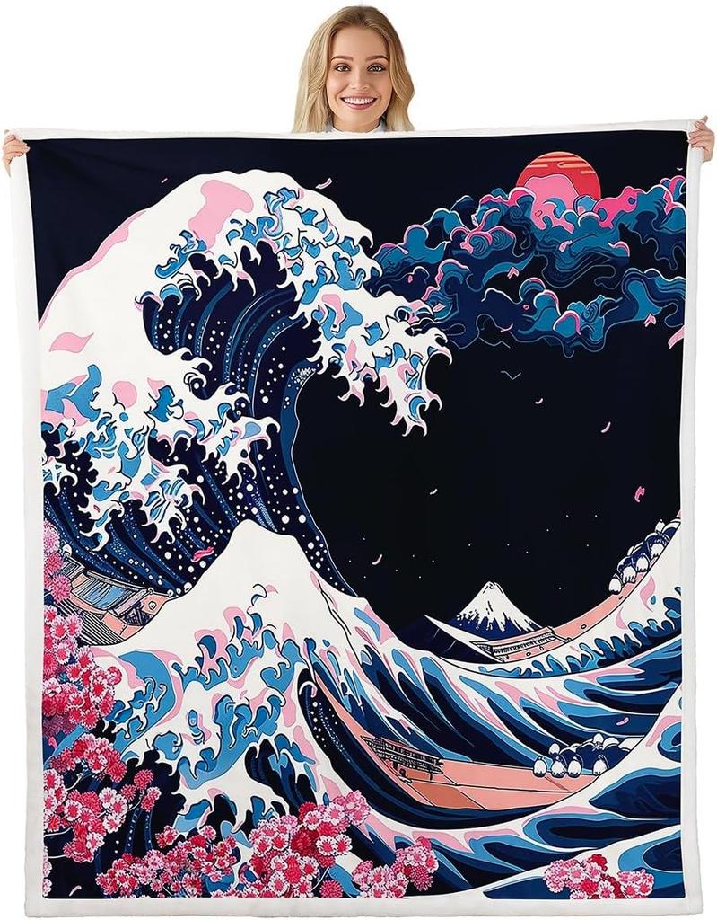 GUOYU Blanket Japanese Style Blankets and ThrowsCrane and Sun Blanket Throw for Kids AdultsCherry Blossom Fleece Blanket Oriental Painting