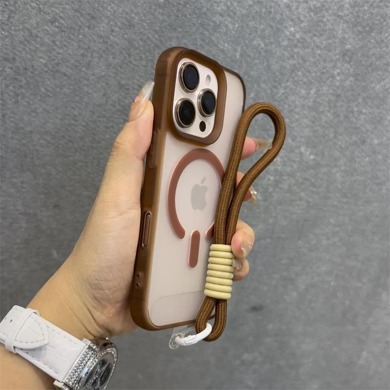 Роскошный мягкий силиконовый чехол для Magsafe со шнурком для iPhone 16 15 14 Plus 13 12 Pro Max Беспроводная зарядка Магнитная прозрачная крышка