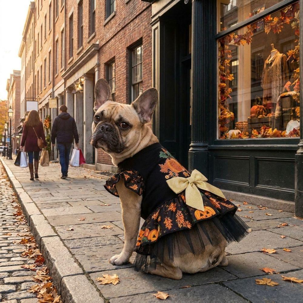 Big Bow Decor Halloween Dog Dress Mesh Pet Puff Sleeve Skirt Dog Maple Leaf Print Dress Pet Party