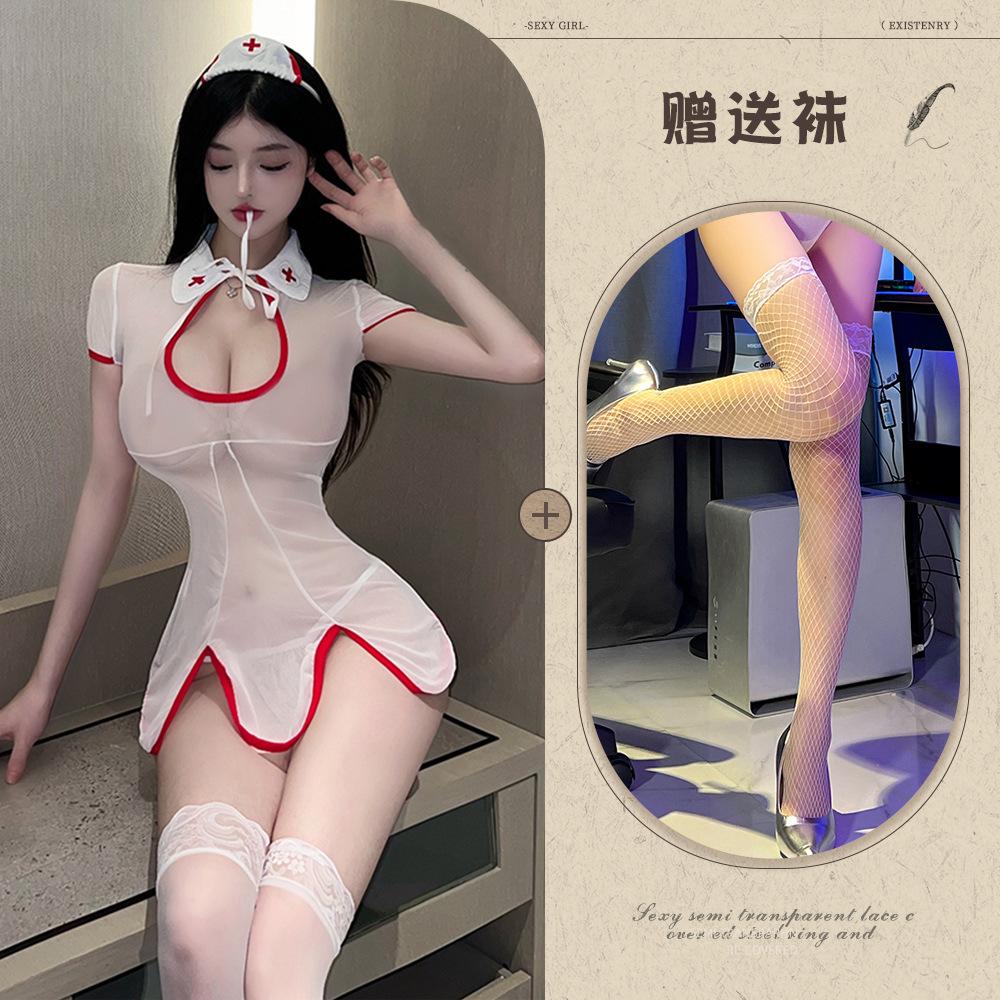 Sexy underwear, sexy nurse uniform, women's hot mesh, perspective temptation, hollow small chest uniform suit