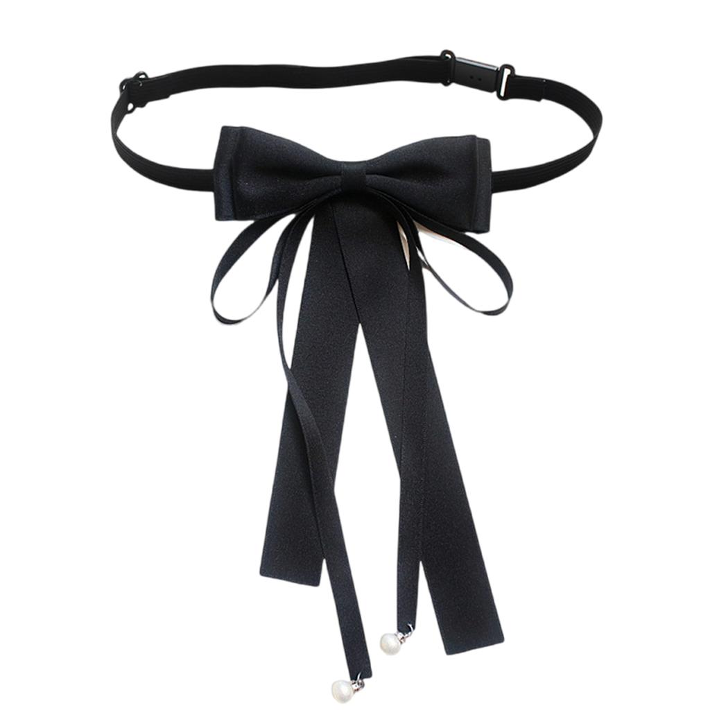 Elegant Pearls Long Ribbon Bowtie with Pin Pre Tied Adjustable Preppy Styles Bowknot Necktie for Fashionable Women Ties