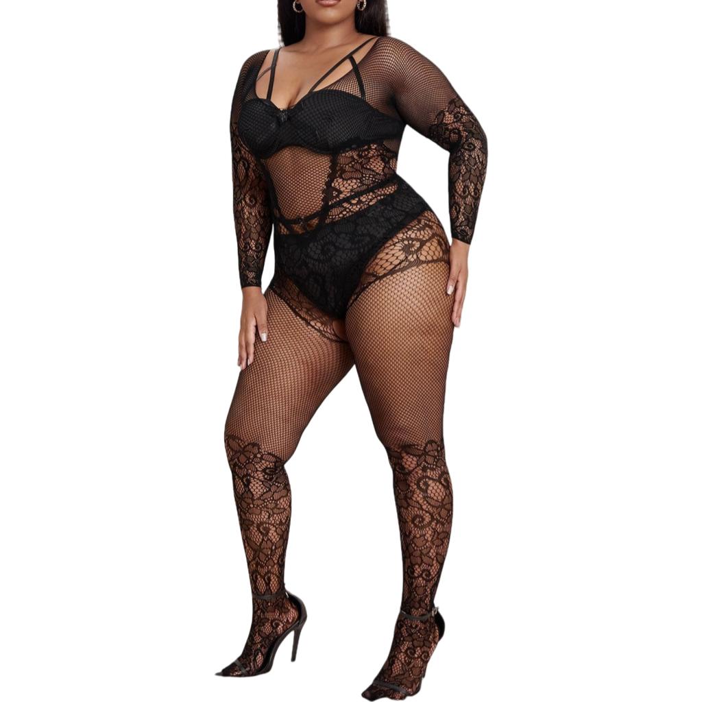 Oversize Women Mesh Hollow Sexy Bodystockings Large Plus Size See Through Erotic Open Crotchless Lingerie Bra Set XXXXL