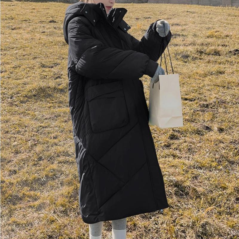 Женская куртка, черные зимние пуховые пальто, новинка 2023 года, свободная плотная женская одежда с длинными рукавами, однотонная парка с капюшоном, корейская мода