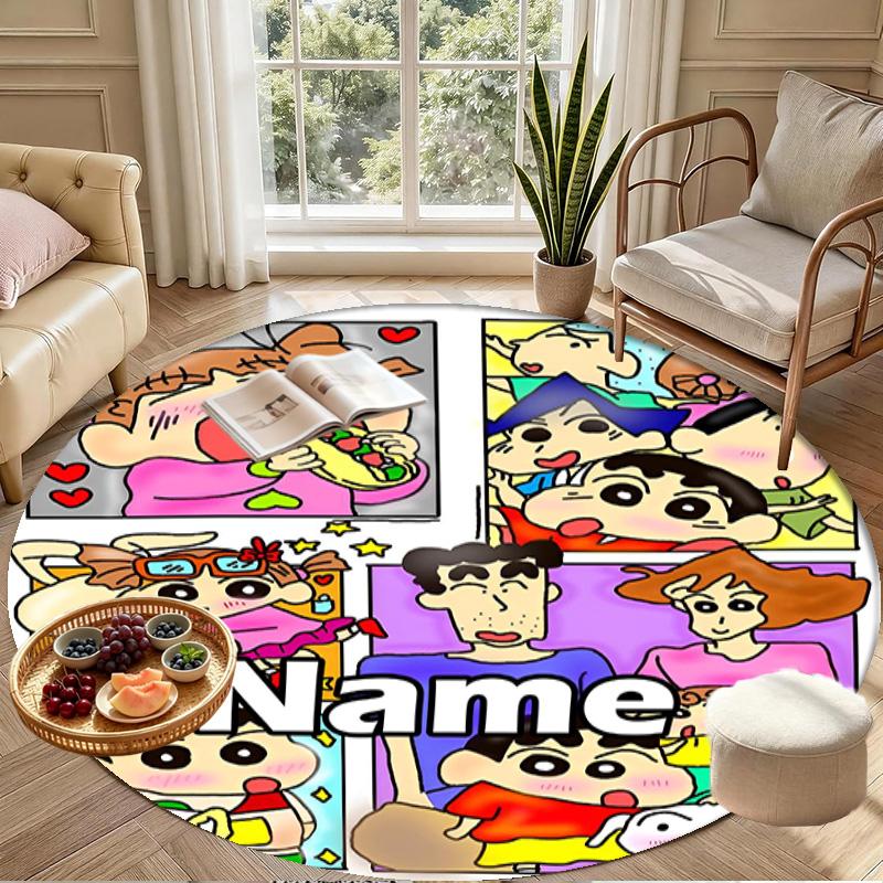 Custom Name Personalized Crayon Shin Print Round Rug, Versatile Home Decor Carpet, for Playroom, Apartment, Balcony, Entryway, Hallway Gift