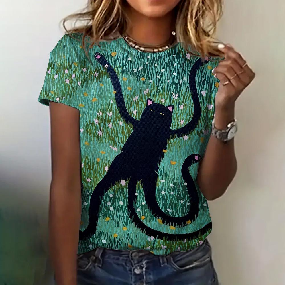 Женская футболка, летняя, с круглым вырезом, коротким рукавом, с рисунком кошки, топ, костюм на Хэллоуин, модная, свободная, с коротким рукавом, женская футболка 2024