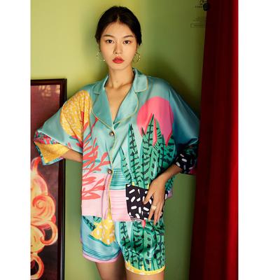 Летняя женская пижама с рукавами «летучая мышь» с растительным принтом, атласная женская пижама большого размера из 2 предметов с шортами, шелковый пижамный костюм для женщин