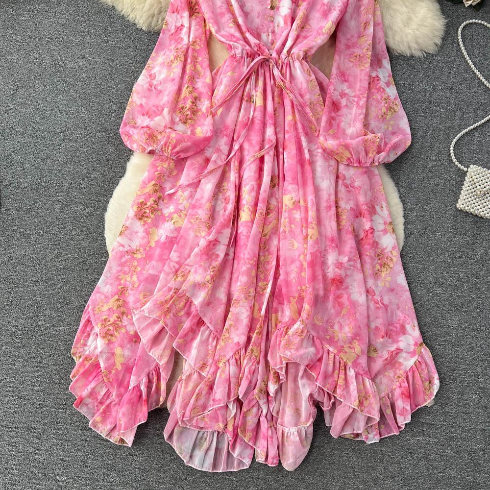 Весеннее женское летнее бандажное платье в стиле ретро с цветочным принтом, элегантное шифоновое платье трапециевидной формы с рукавами-фонариками и шнуровкой, с высокой талией, длинные платья