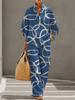 European and American Lazy Style Printed Color-Block Set, Breathable Bamboo Joint Linen Loose Wide-Leg Pants, Everyday Vacation Two-Piece