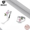 Bisaer 925 Sterling Silver Enamel Pink Realistic Cherry Blossom and Tree Leaf Earrings Buckle for Women Jewelry