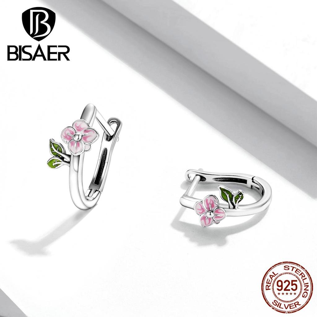 Bisaer 925 Sterling Silver Enamel Pink Realistic Cherry Blossom and Tree Leaf Earrings Buckle for Women Jewelry