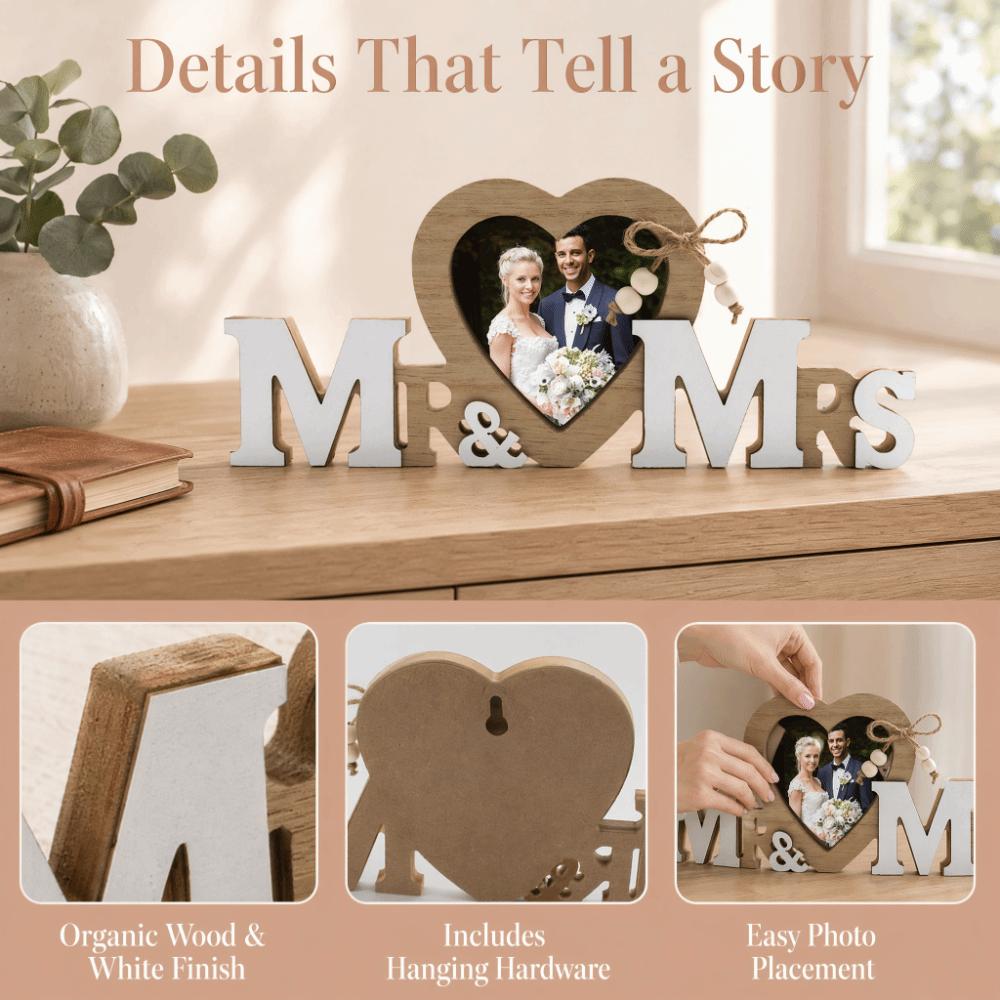 Photo Frame MR & MRS Wooden Heart Photo Frame Wedding Reception Table Decoration