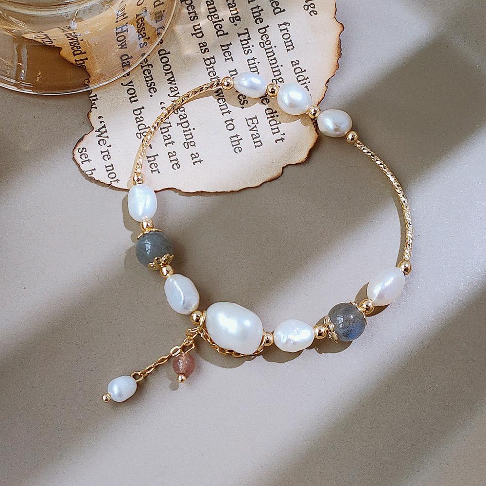 Элегантный Барочный Браслет с Позолотой 14K, Пресноводным Жемчугом и Лунным Камнем для Женщин - Идеально для Свадеб и Подарков
