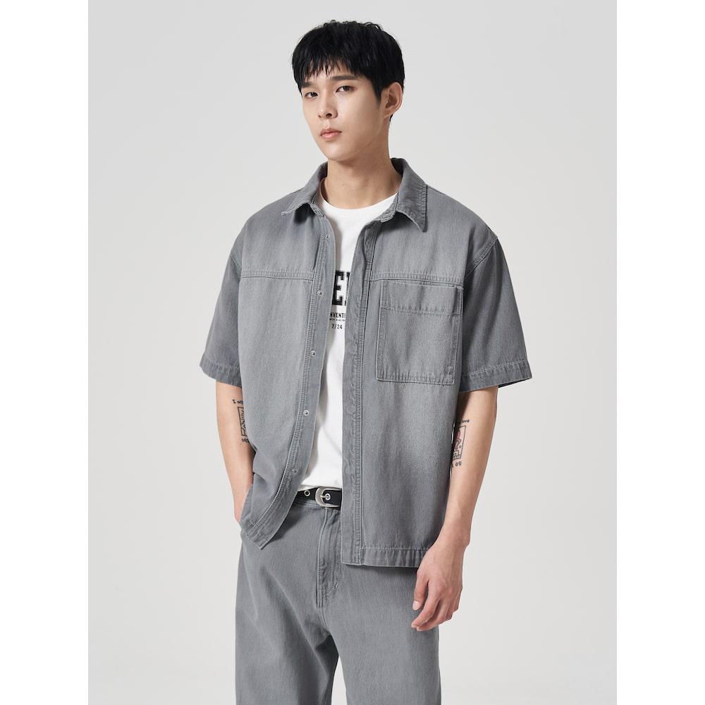 8SECONDS Loose Fit Washed Short Sleeve Denim Shacket Sky Blue (264765Fphq)