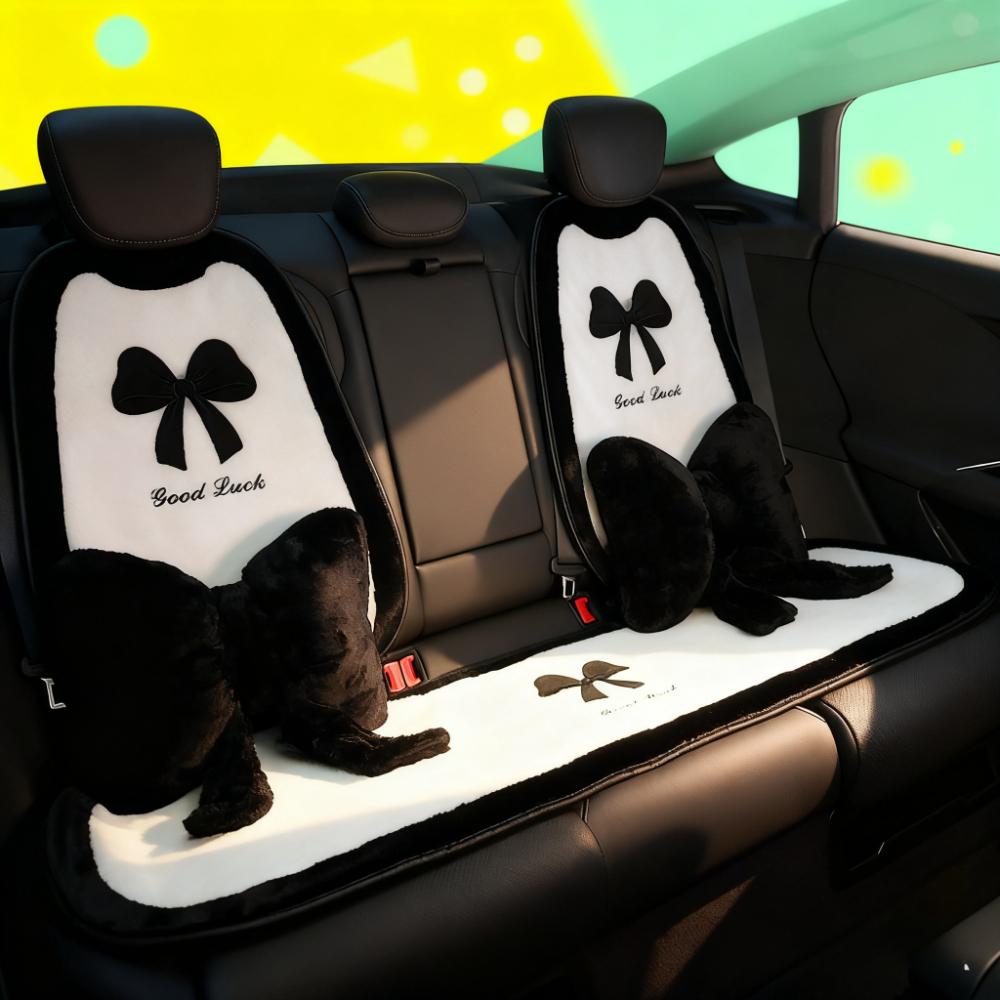 Plush car seat cushion for winter warmth and heating, car seat cushion for light luxury bow tie car seat cover