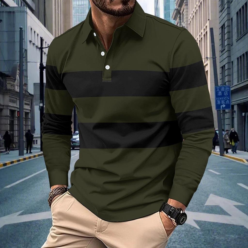 Spring Autumn Men's Polo Shirt Patchwork Fashion Casual T-shirt with Lapel Stripes Long Sleeved Sports Polo Shirt Men's Top