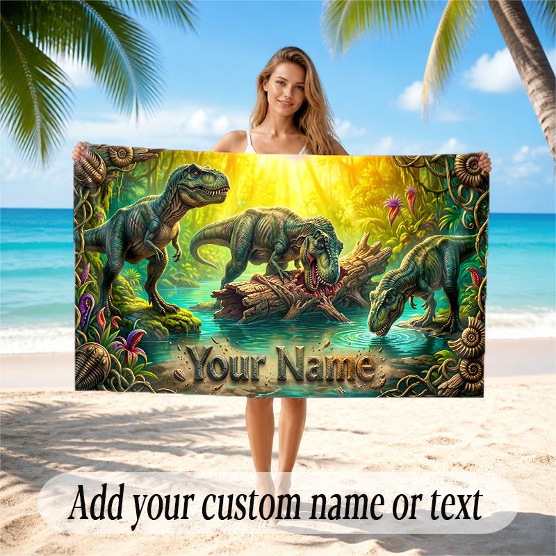 Dinosaur Theme Quick Dry Beach Towel Custom Name Text Print Large Sand Resistant Towel Beach Vacation