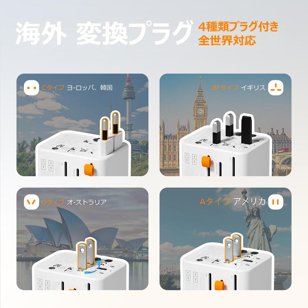 Международный адаптер TESSAN, Универсальный переходник для розеток, Тип BF, O, A, C, Заряжает 6 устройств одновременно, 2 розетки переменного тока, 2 USB-C, 2 USB-A,