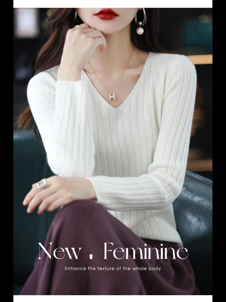 Женский трикотажный свитер с V-образным вырезом и длинными рукавами