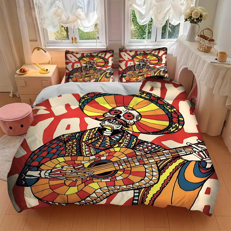 3pcs Day of the Dead Guitarist Bedding Set, Includes 1 Comforter + 2 Pillowcases, Without Pillow Inserts, Soft Comfortable, Lightweight Brea