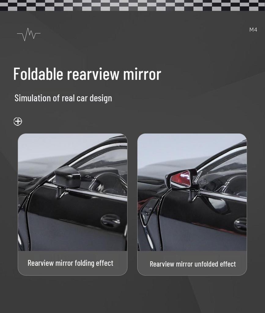 1:24 BMW M4 Diecast Car Model with Shock Absorption, Pull-Back, Steering, Sound, and Light Features.