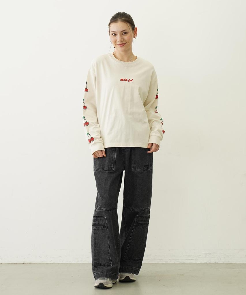 Milkfed Casual Side Cherries Wide Long Sleeve Tee in Off White Women's