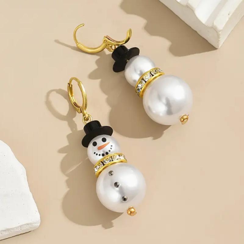 Модные рождественские белые серьги-капли с жемчугом в виде снеговика для женщин, милые серьги-снежинки со стразами, ювелирные украшения, подарки на новогодние праздники