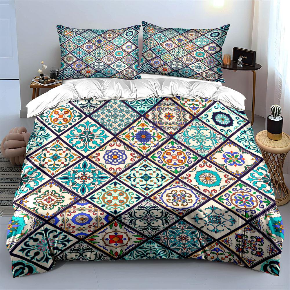 Colorful Geometric Tile Design Bedding Duvet Cover Set Duvet Cover Pillowcases (1 * Duvet Cover 2 * Pillowcases, without duvet insert)