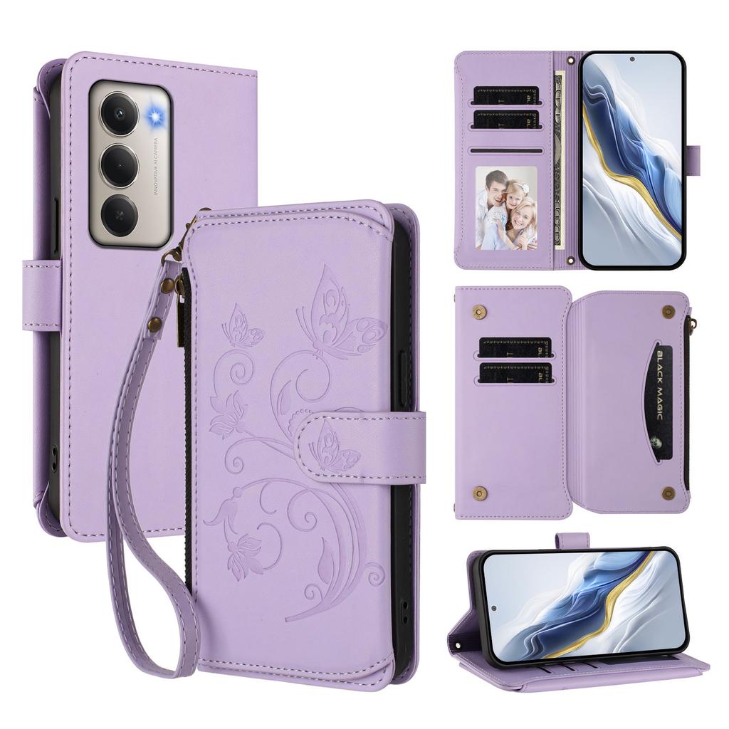 Для Xiaomi Redmi 15 4G (США) (171 мм) Кожаный чехол с цветочным тиснением в виде бабочки, кошелек на молнии, подставка, крышка с ремешком на запястье