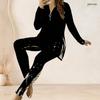Women Plus Size Printed Light Purple Half Zip Long Sleeve Longline Top Fitted Pants Two Piece Set