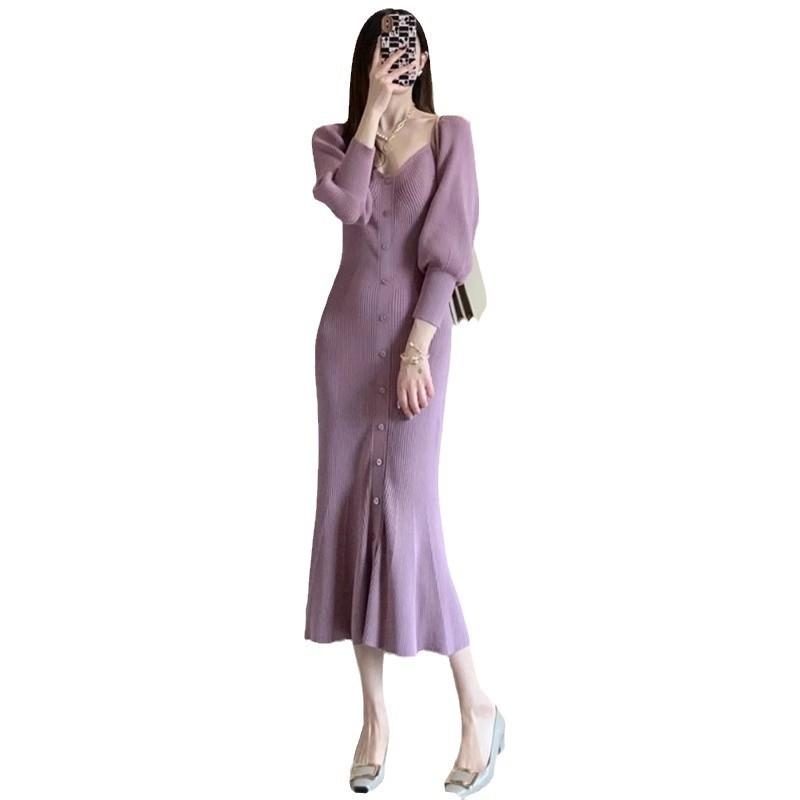 Elegant Purple Knit Midi Dress With V-Neck Bubble Sleeves Stretch Waist Office Chic Winter Layering