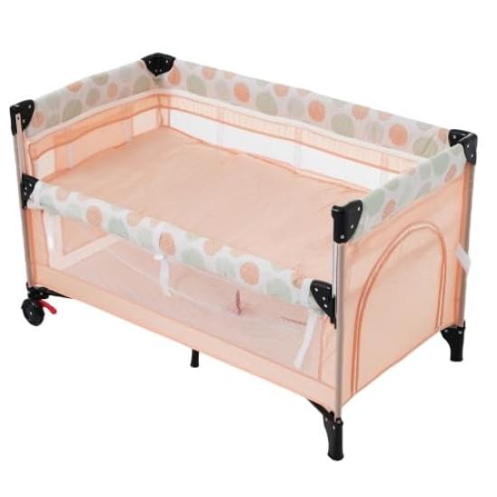 BTM Crib Playpen Folding Bed Playard Side Height Adjustable Nap Mat Carry Bag Included Mattress Included Casters Multifunctional Lightweight Baby Gift