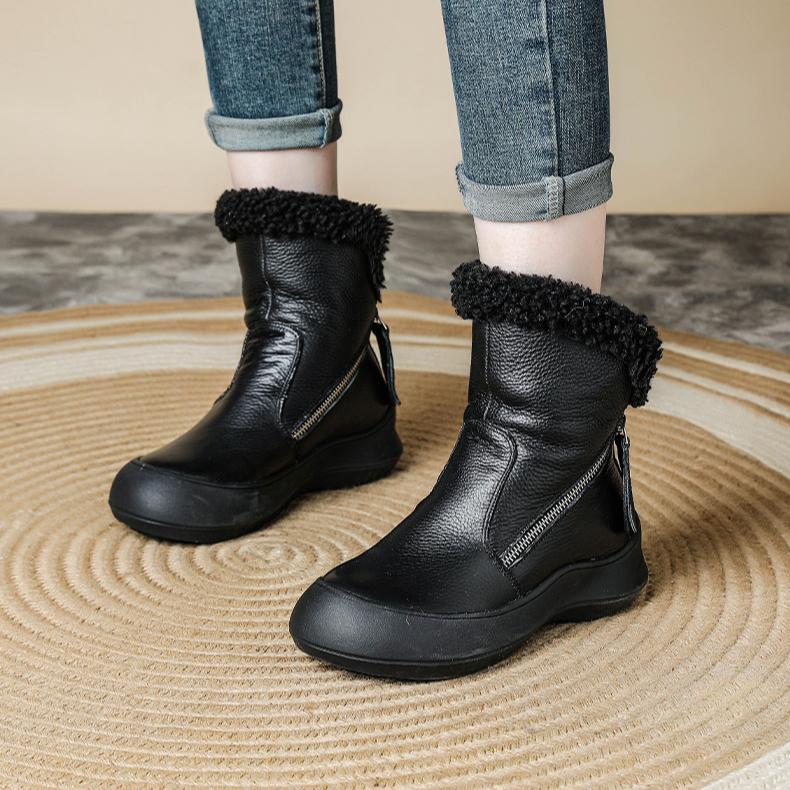 Women Winter Fashion Warm Plush Genuine Leather Women's Boots With Anti Slip Soft Sole Comfortable Side Zipper Short Boots