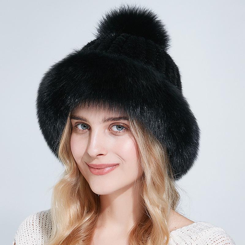 Genuine Mink Fur Beanie Hat Winter Womens Fox Brim Hats Thick Warm Fox Fur Caps With Pompom Fashion Fur Knit Beanies
