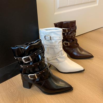 Модные ретро женские полусапоги с острым носком, толстым каблуком, универсальные, тонкие