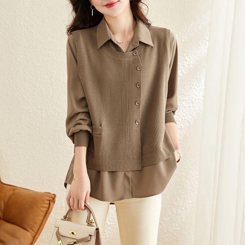 Autumn Luxury Polo Neck Long Sleeve Fake Two Pieces Loose Casual Slim Versatile Popularity Office Lady Women's Shirts